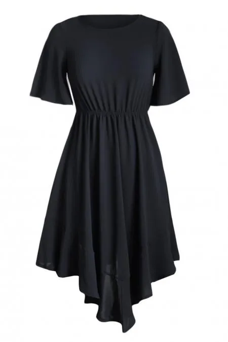 Black Irregular Hem Short Sleeve Chiffon Dress