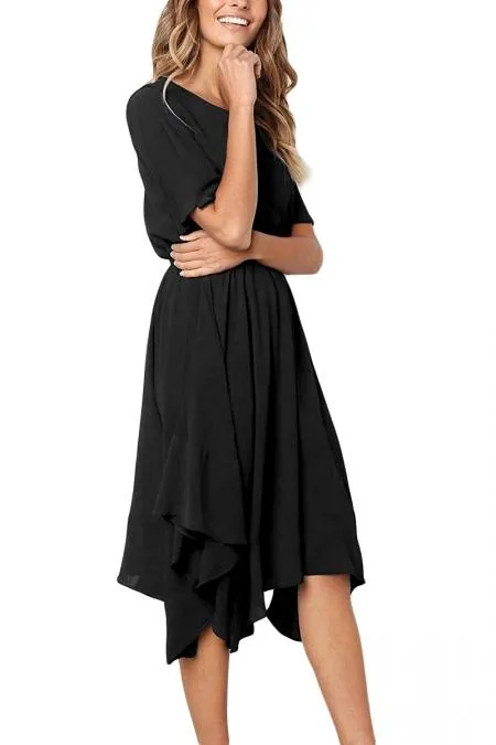 Black Irregular Hem Short Sleeve Chiffon Dress