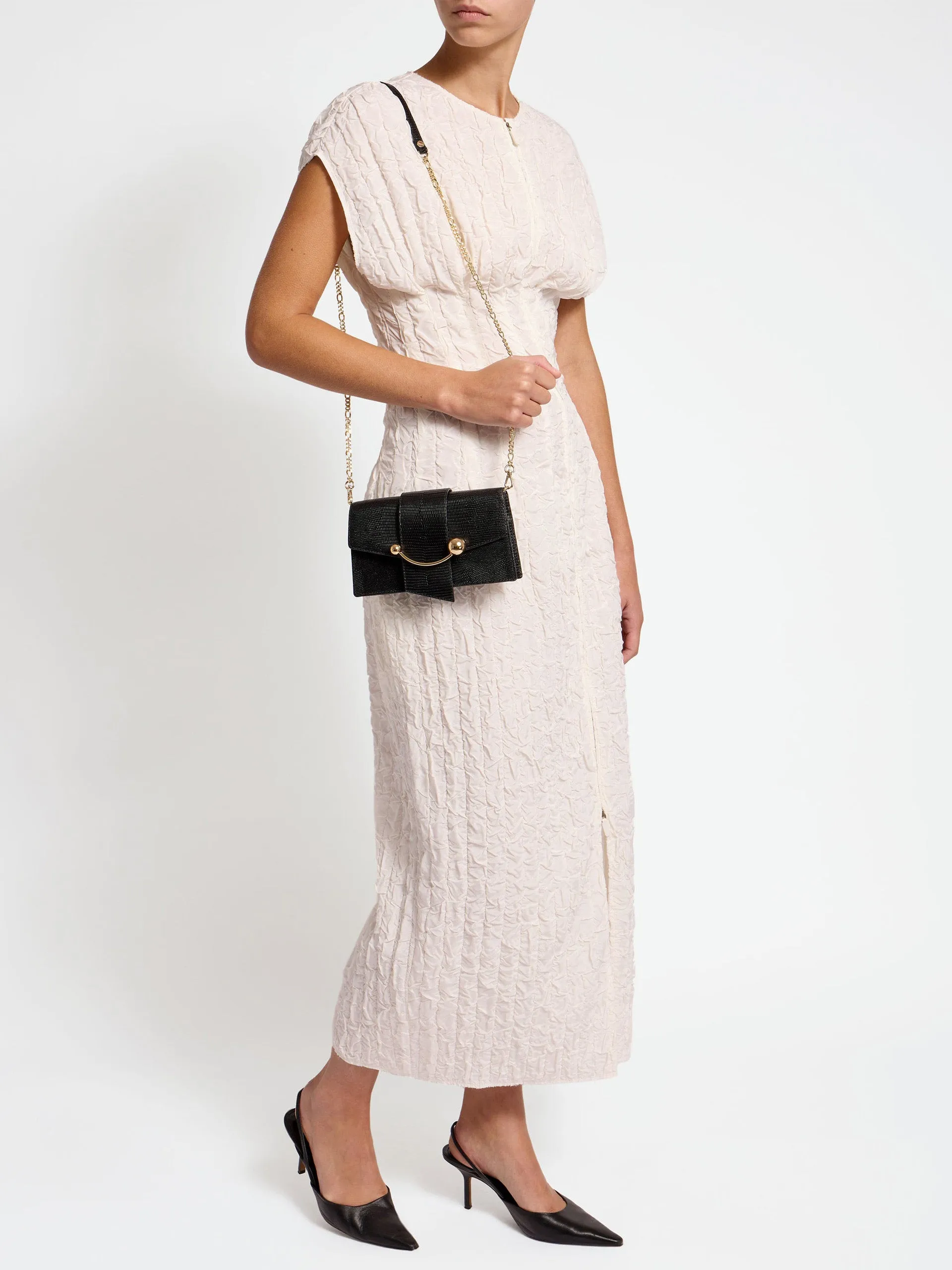 Black lizard-embossed leather Crescent On A Chain bag