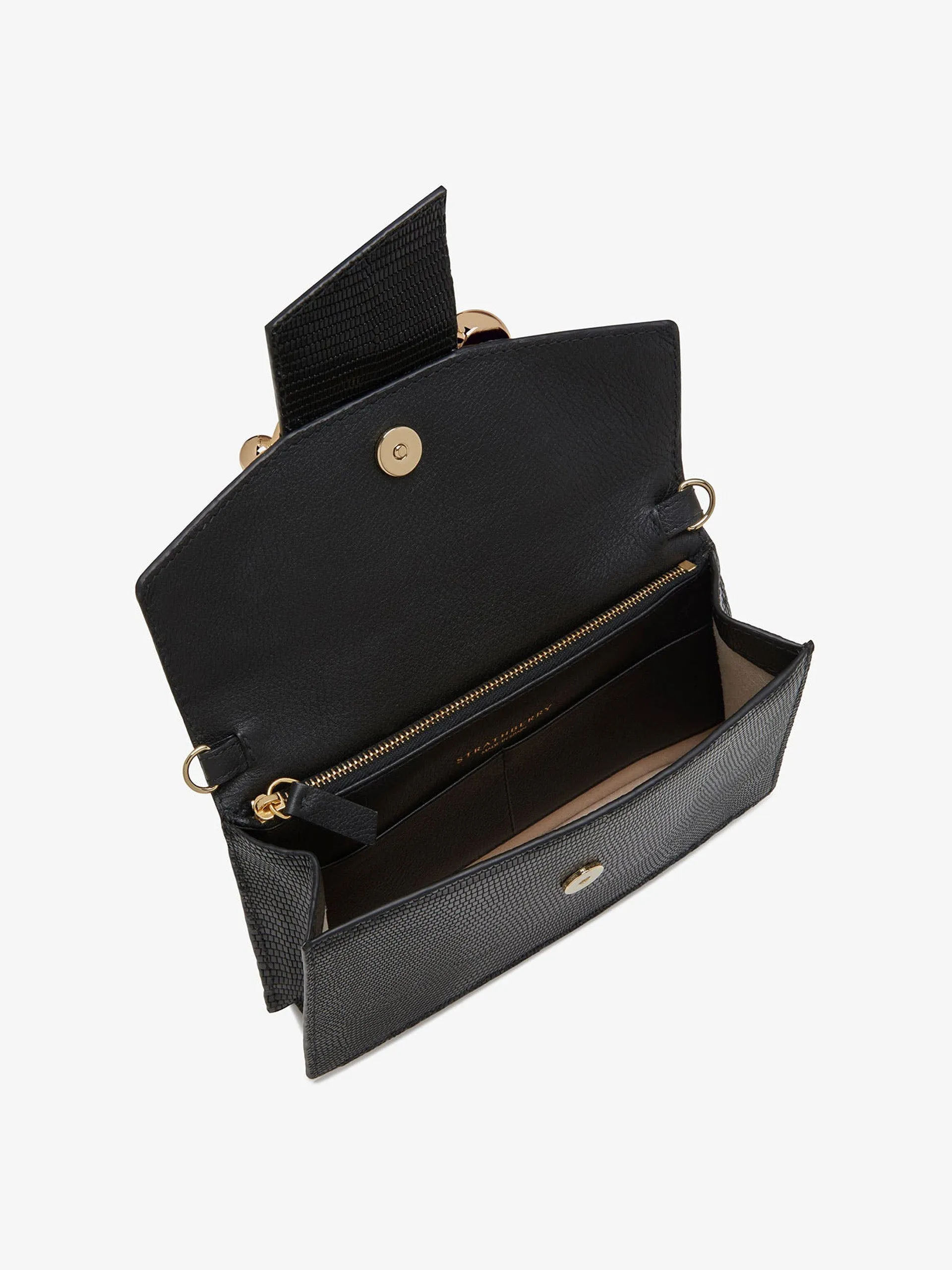 Black lizard-embossed leather Crescent On A Chain bag