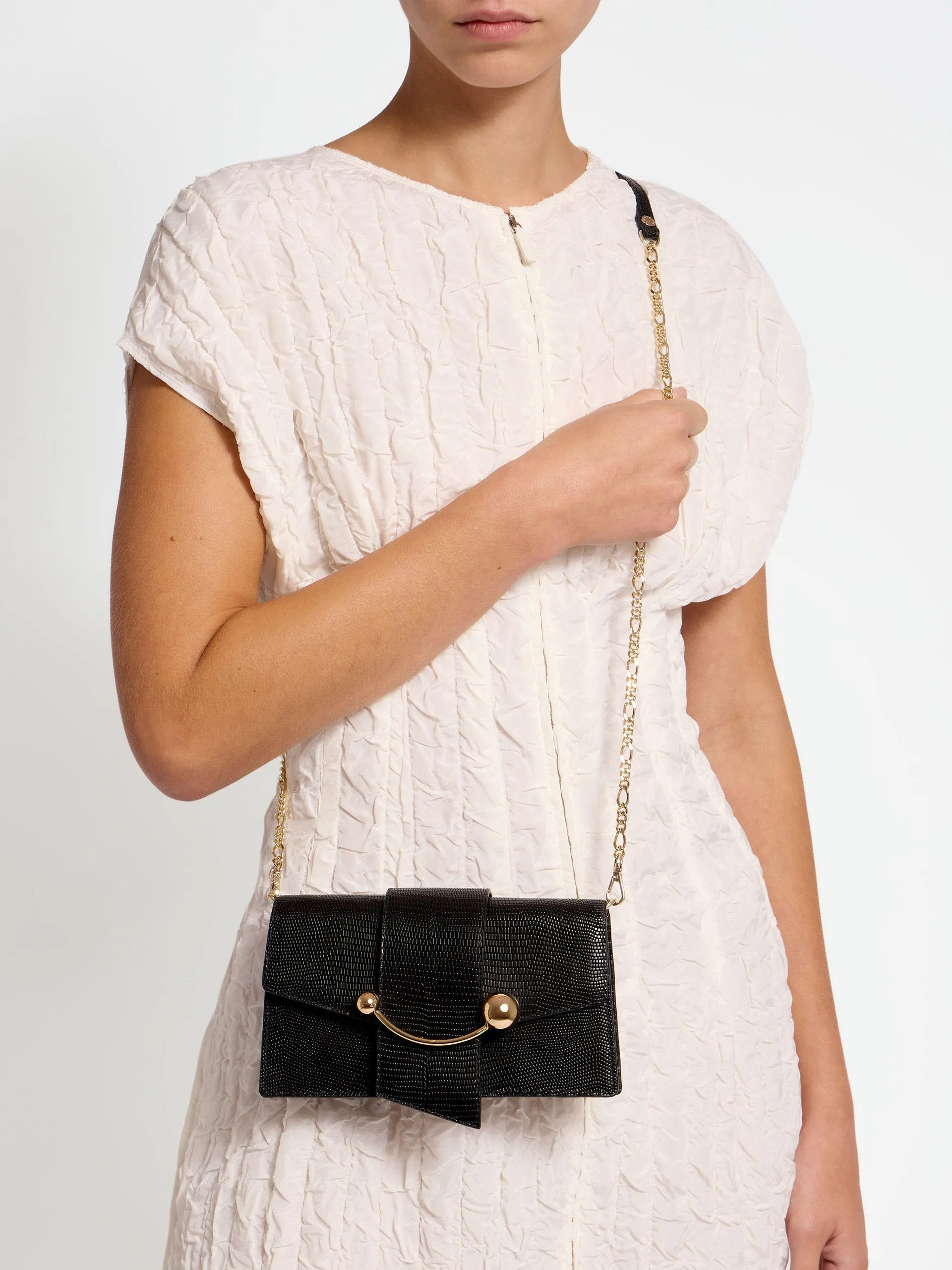 Black lizard-embossed leather Crescent On A Chain bag