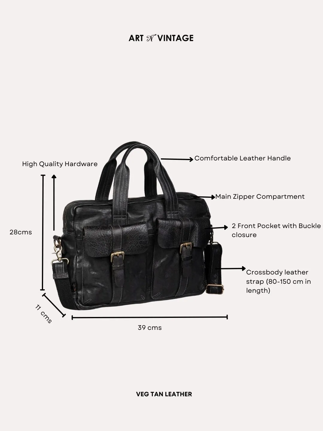 Black Vintage Leather Laptop Bag For Men & Women By Art N Vintage