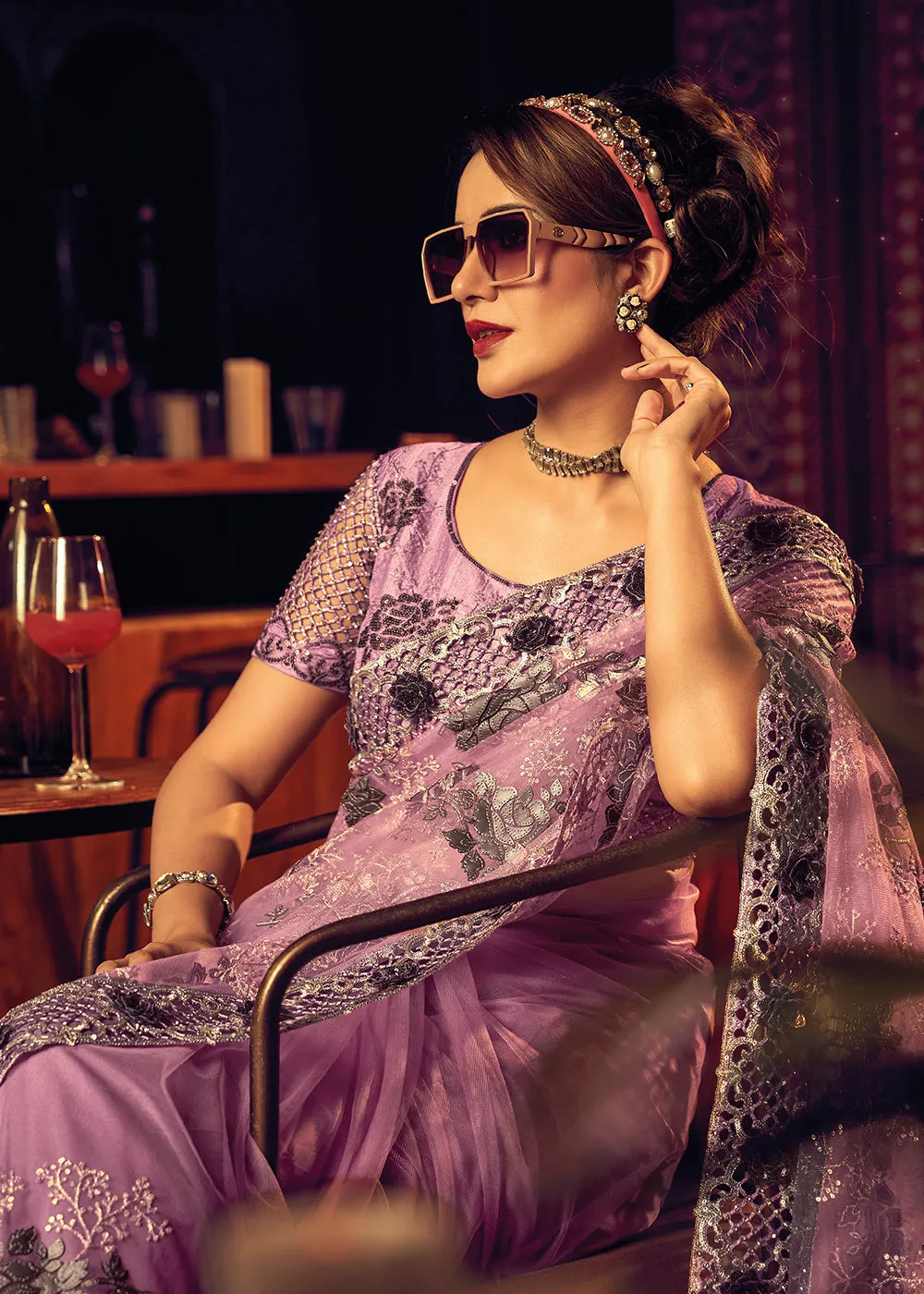 Bridal Party Wonderous Pink Premium Net Contemporary Saree