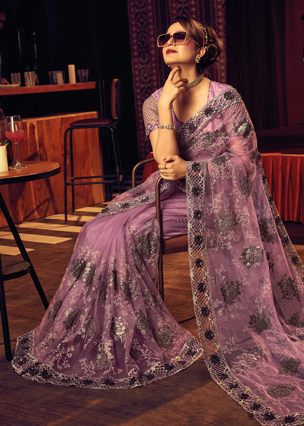 Bridal Party Wonderous Pink Premium Net Contemporary Saree