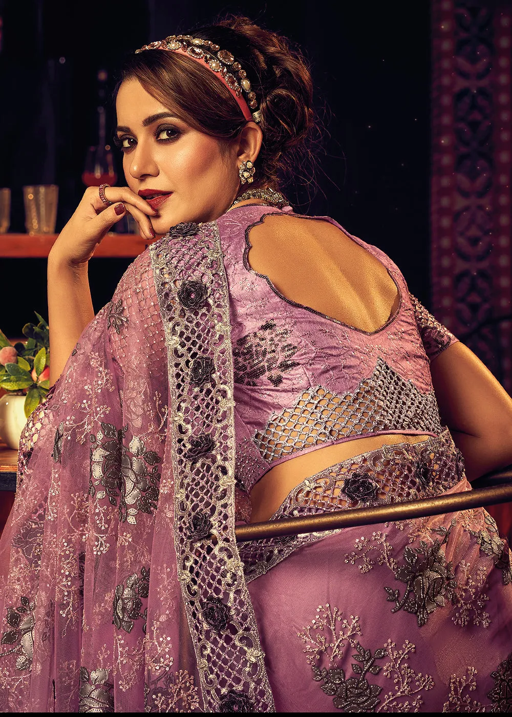 Bridal Party Wonderous Pink Premium Net Contemporary Saree
