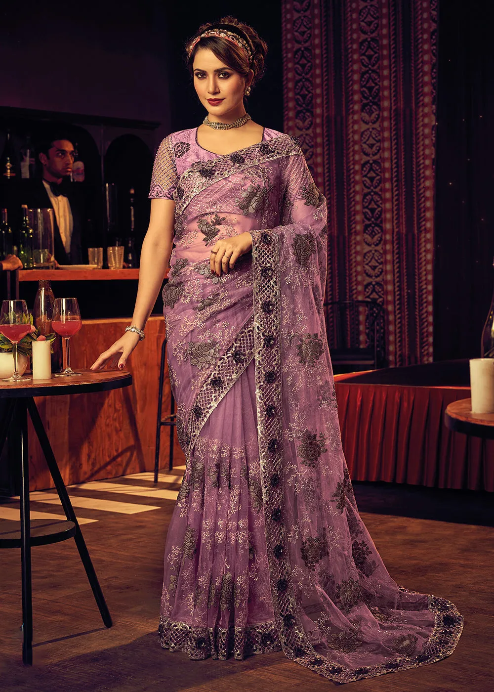 Bridal Party Wonderous Pink Premium Net Contemporary Saree