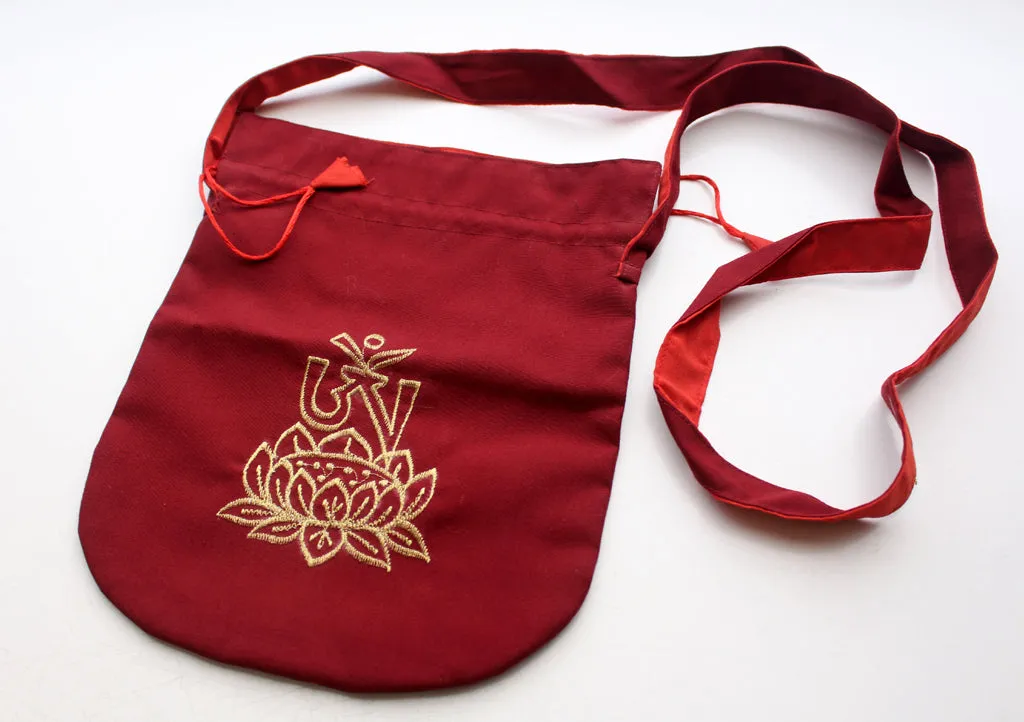 Cotton Mala Bag Embroidered with Tibetan Om and Lotus
