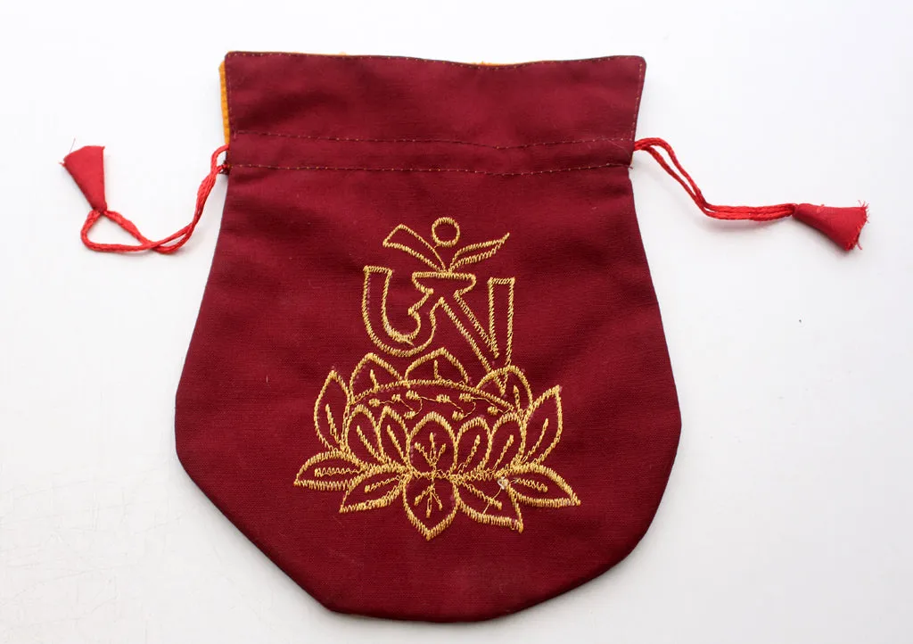 Cotton Mala Bag Embroidered with Tibetan Om and Lotus