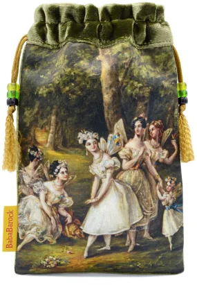 Dancing Fairies drawstring bag in green silk velvet