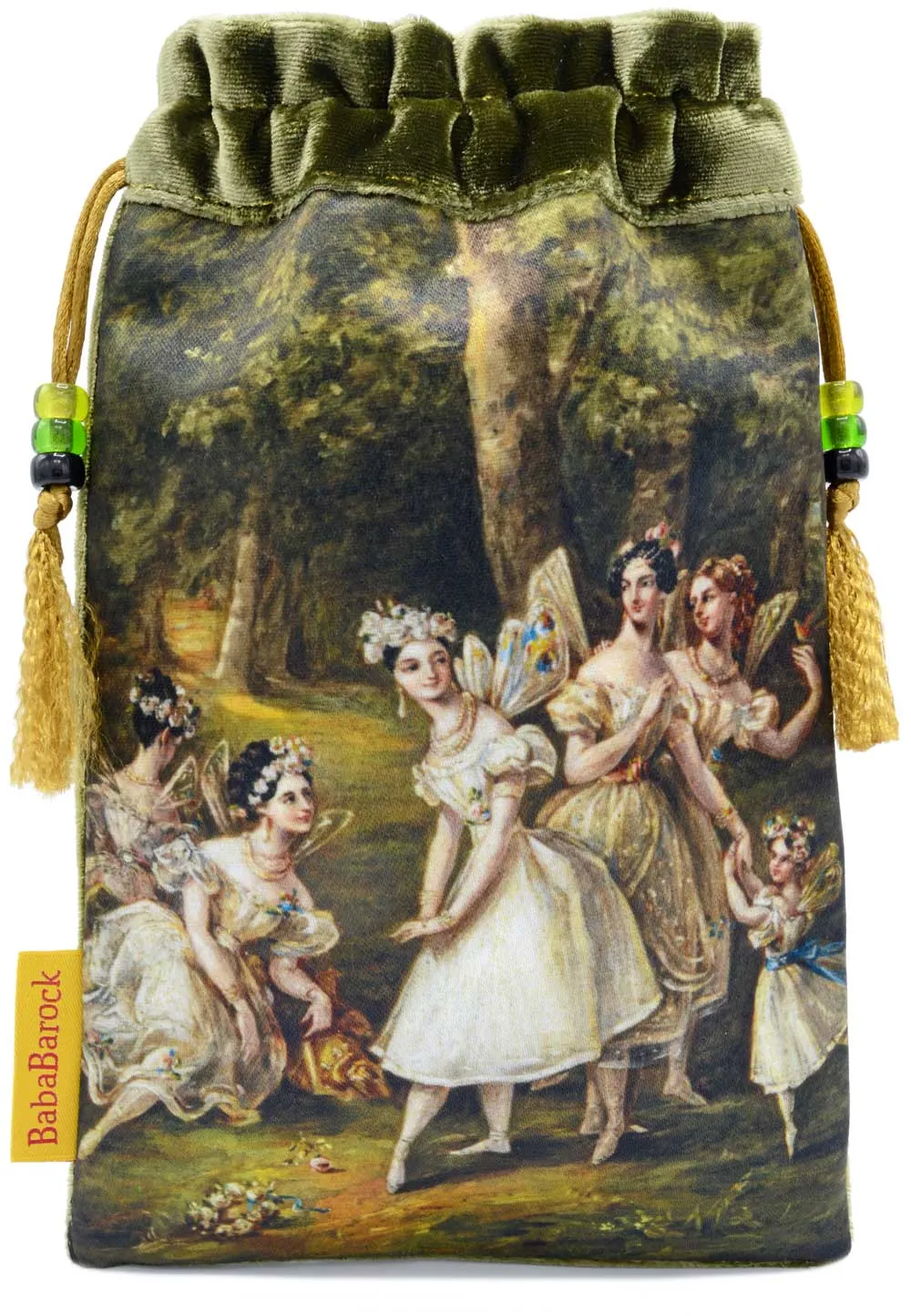 Dancing Fairies drawstring bag in green silk velvet