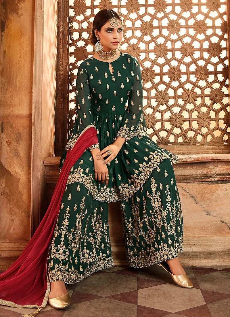Dark Green And Red Embroidered Peplum Style Gharara Suit