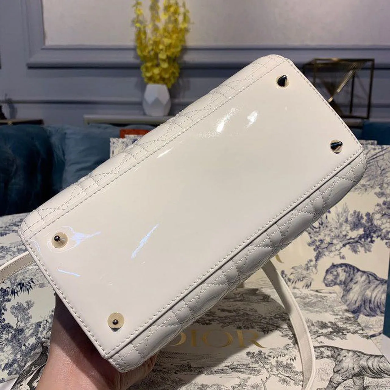 DI Medium Lady Bag Gold Toned Hardware Patent White For Women 24cm/9in CD
