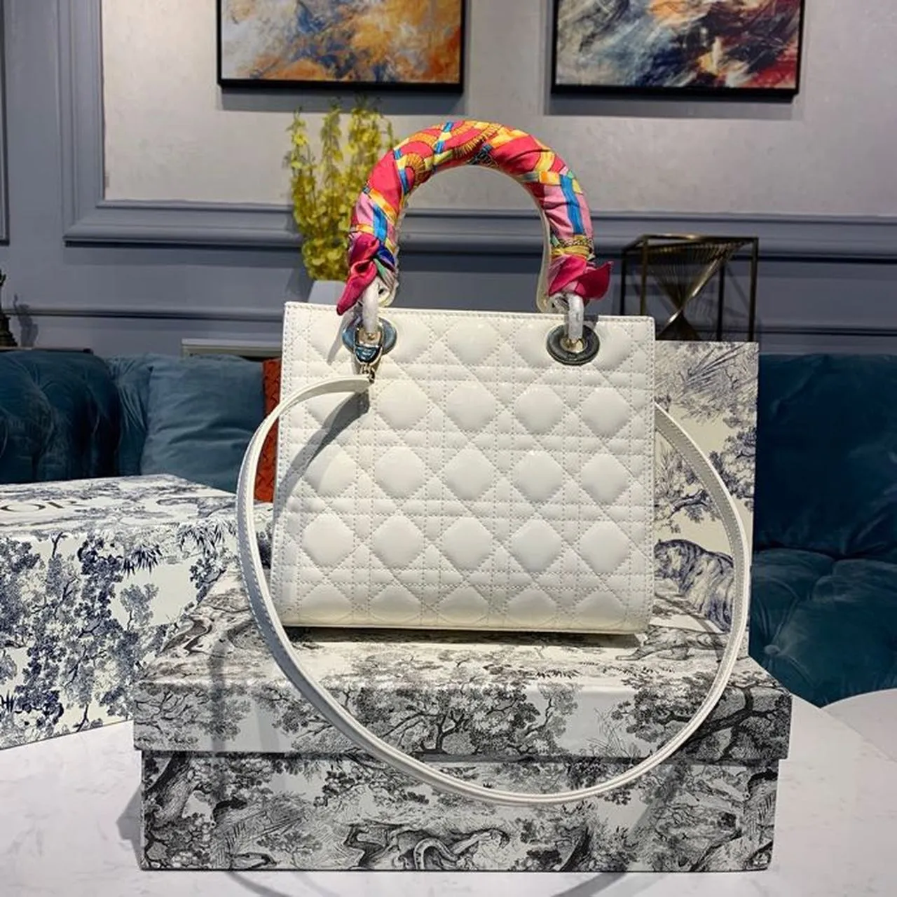 DI Medium Lady Bag Gold Toned Hardware Patent White For Women 24cm/9in CD