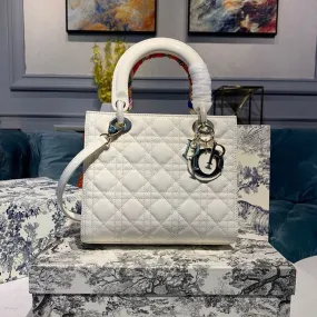 DI Medium Lady Bag Gold Toned Hardware Patent White For Women 24cm/9in CD