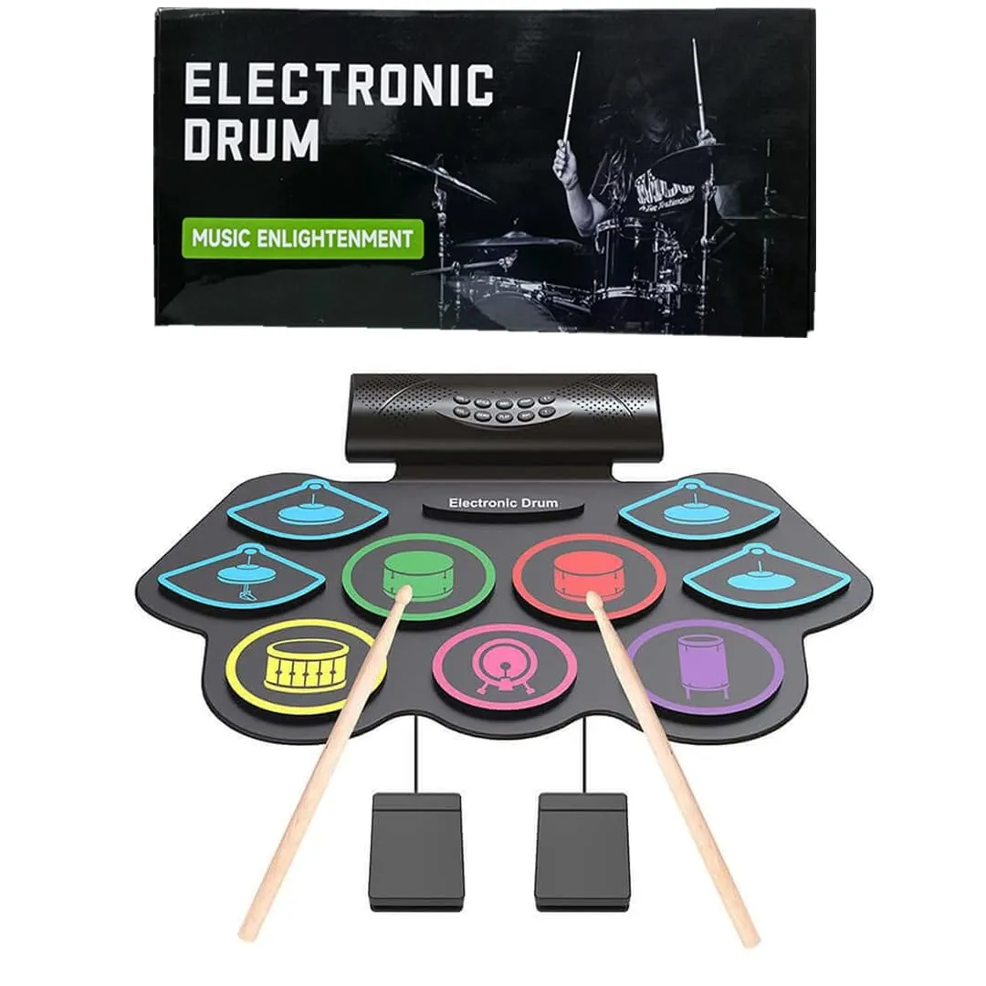 Electronic Drum Set, Electric Drum with 9 Colourful Pads Set, 19×13 Inch Roll-Up Drum Portable Drum Pad Kit with MIDI Education Function, Built-in Speaker, Supports Headphone/Bluetooth, Best Gifts for Kid's - playmaster toys