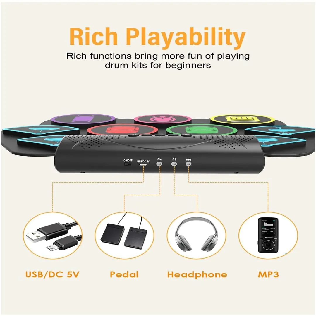 Electronic Drum Set, Electric Drum with 9 Colourful Pads Set, 19×13 Inch Roll-Up Drum Portable Drum Pad Kit with MIDI Education Function, Built-in Speaker, Supports Headphone/Bluetooth, Best Gifts for Kid's - playmaster toys