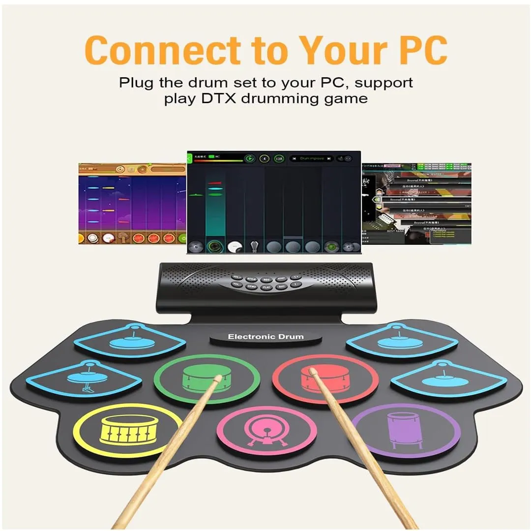 Electronic Drum Set, Electric Drum with 9 Colourful Pads Set, 19×13 Inch Roll-Up Drum Portable Drum Pad Kit with MIDI Education Function, Built-in Speaker, Supports Headphone/Bluetooth, Best Gifts for Kid's - playmaster toys