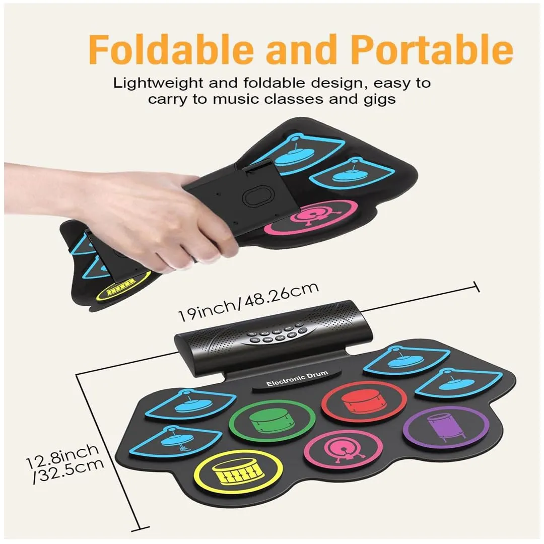 Electronic Drum Set, Electric Drum with 9 Colourful Pads Set, 19×13 Inch Roll-Up Drum Portable Drum Pad Kit with MIDI Education Function, Built-in Speaker, Supports Headphone/Bluetooth, Best Gifts for Kid's - playmaster toys