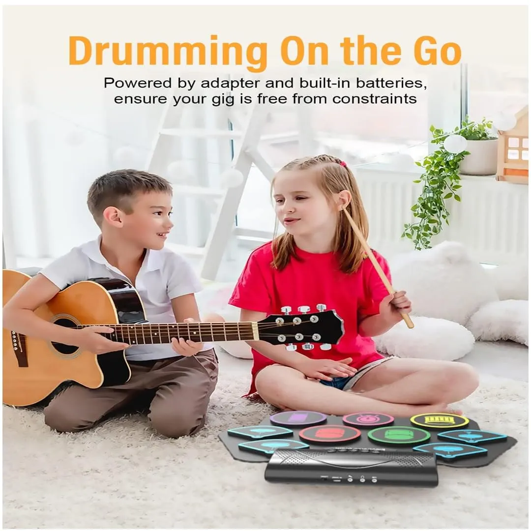 Electronic Drum Set, Electric Drum with 9 Colourful Pads Set, 19×13 Inch Roll-Up Drum Portable Drum Pad Kit with MIDI Education Function, Built-in Speaker, Supports Headphone/Bluetooth, Best Gifts for Kid's - playmaster toys