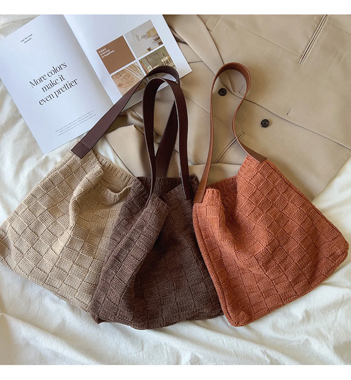 Elena Handbags Cotton Knitted Sweater Shoulder Bag with Leather Strap