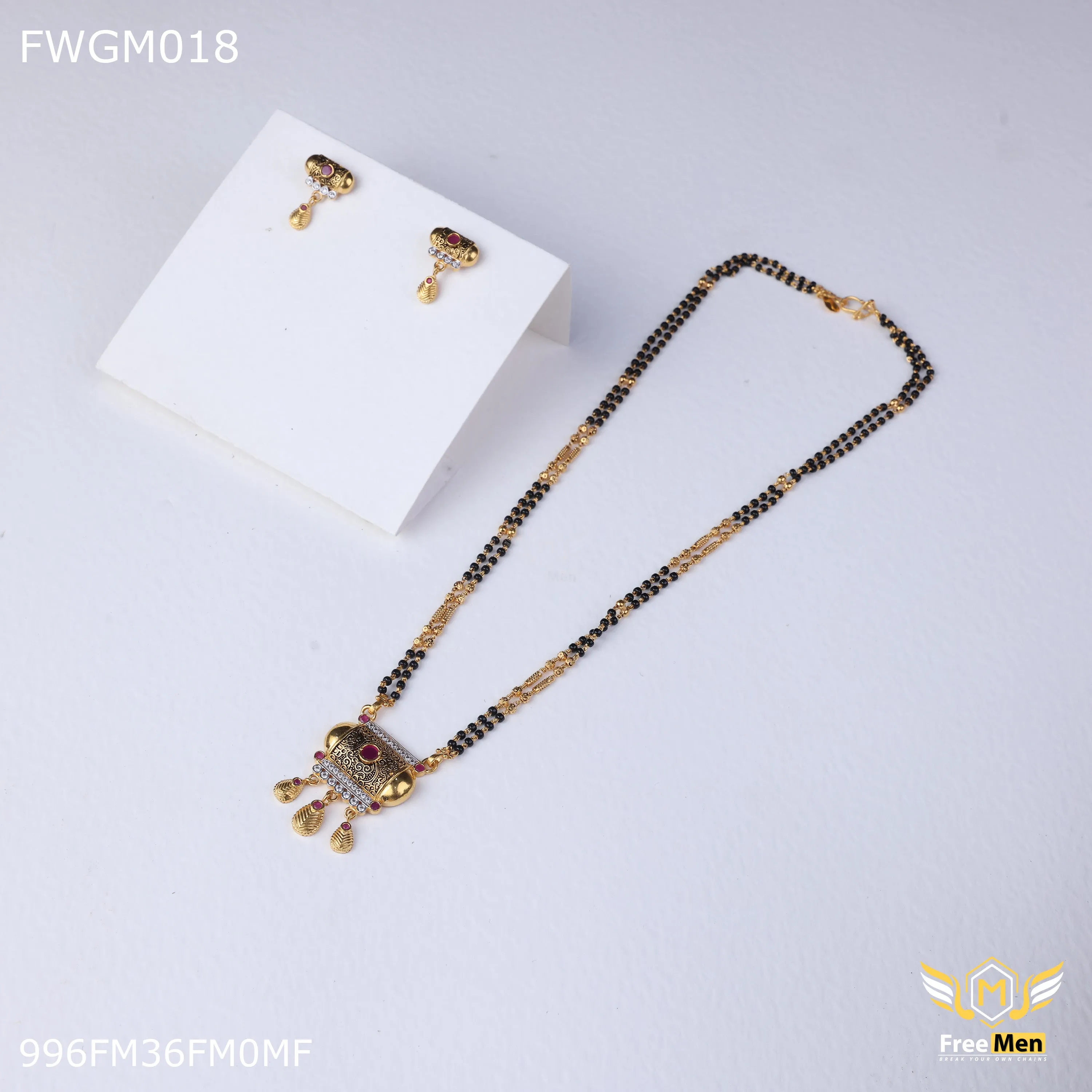Freemen 1GM Damru red stone mangalsutra with earring for women - FWGM018
