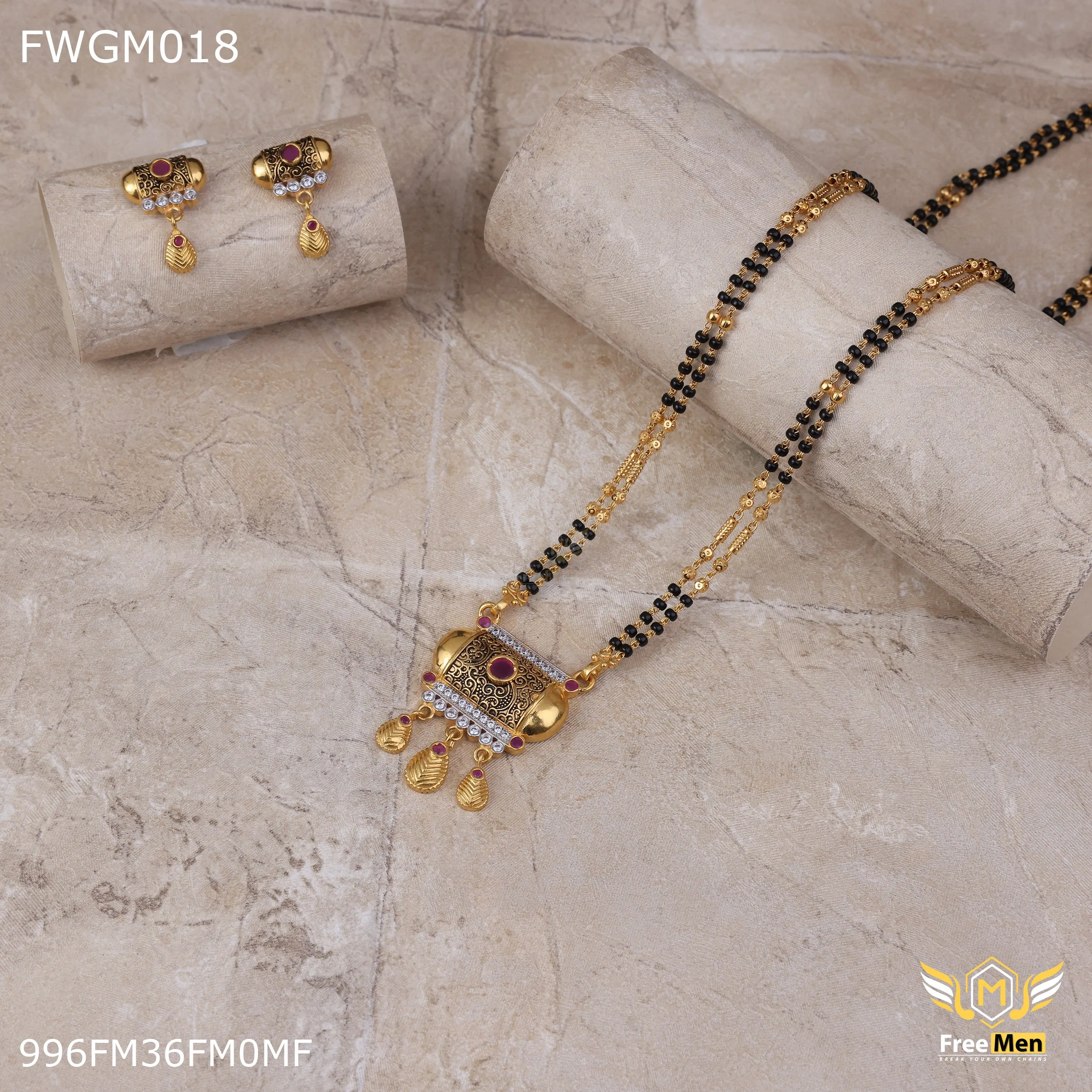 Freemen 1GM Damru red stone mangalsutra with earring for women - FWGM018