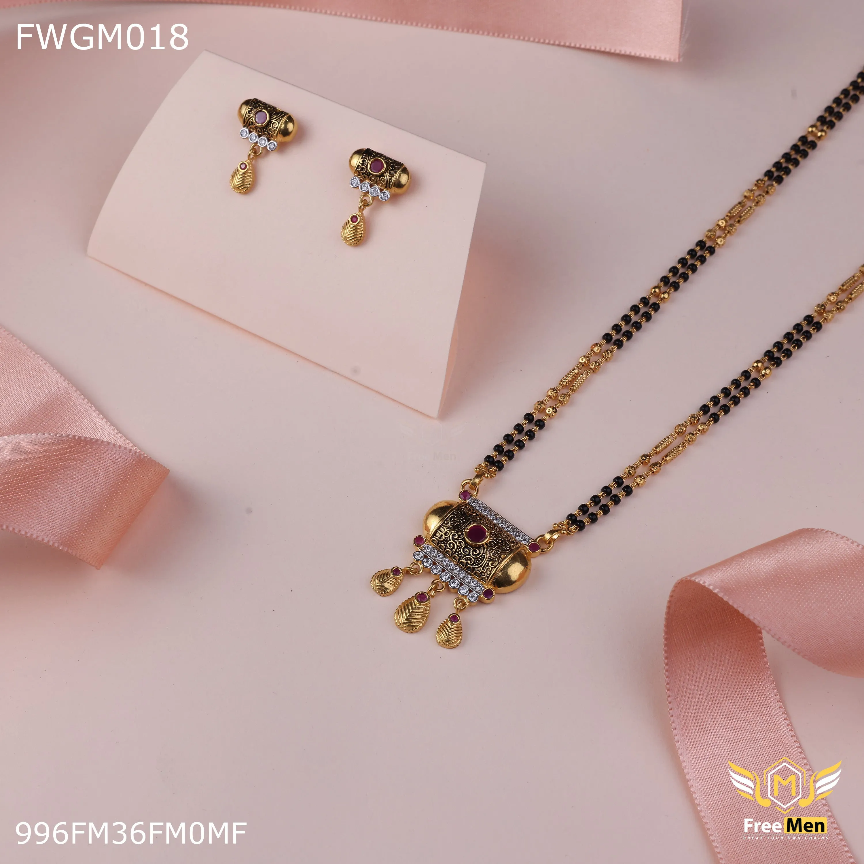 Freemen 1GM Damru red stone mangalsutra with earring for women - FWGM018