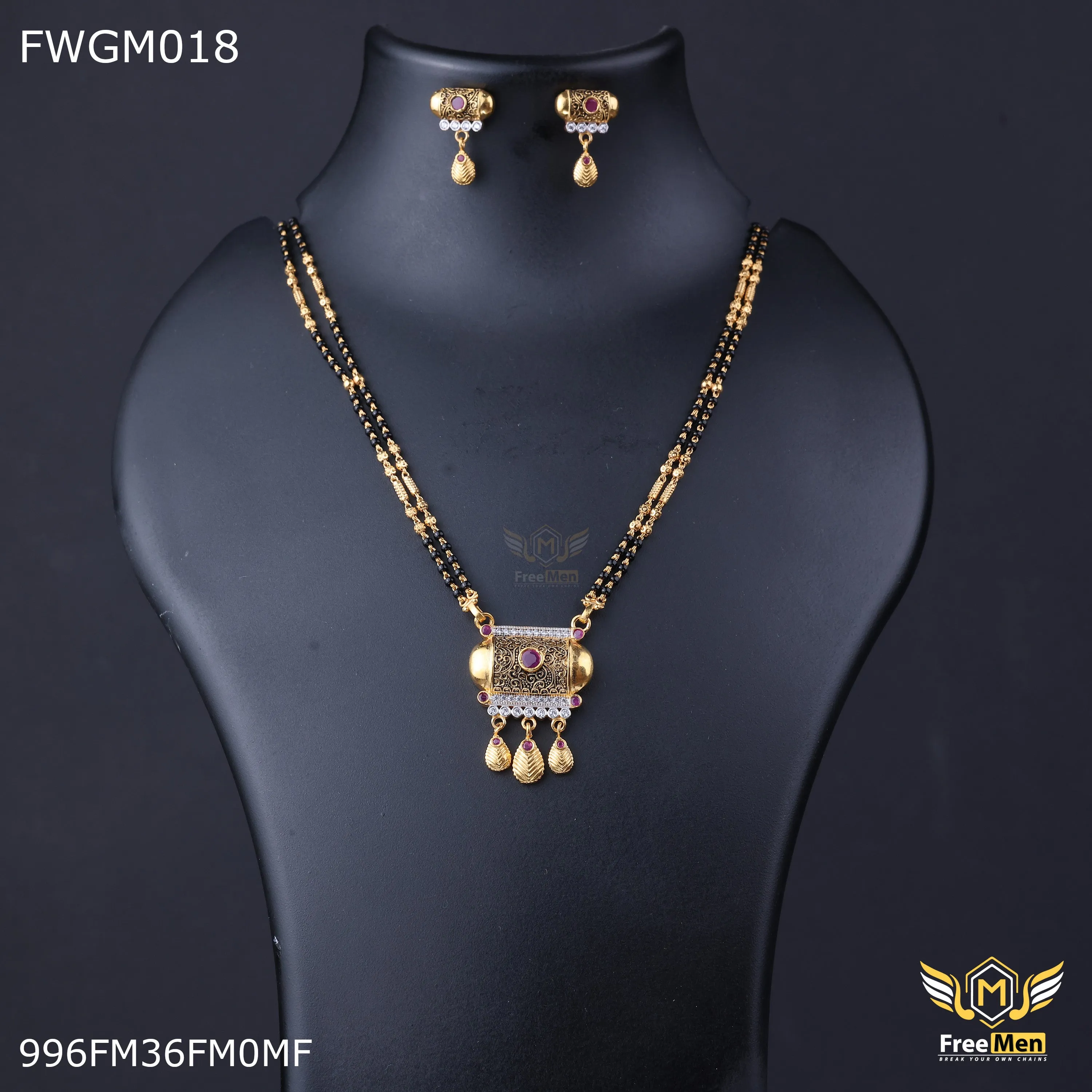 Freemen 1GM Damru red stone mangalsutra with earring for women - FWGM018