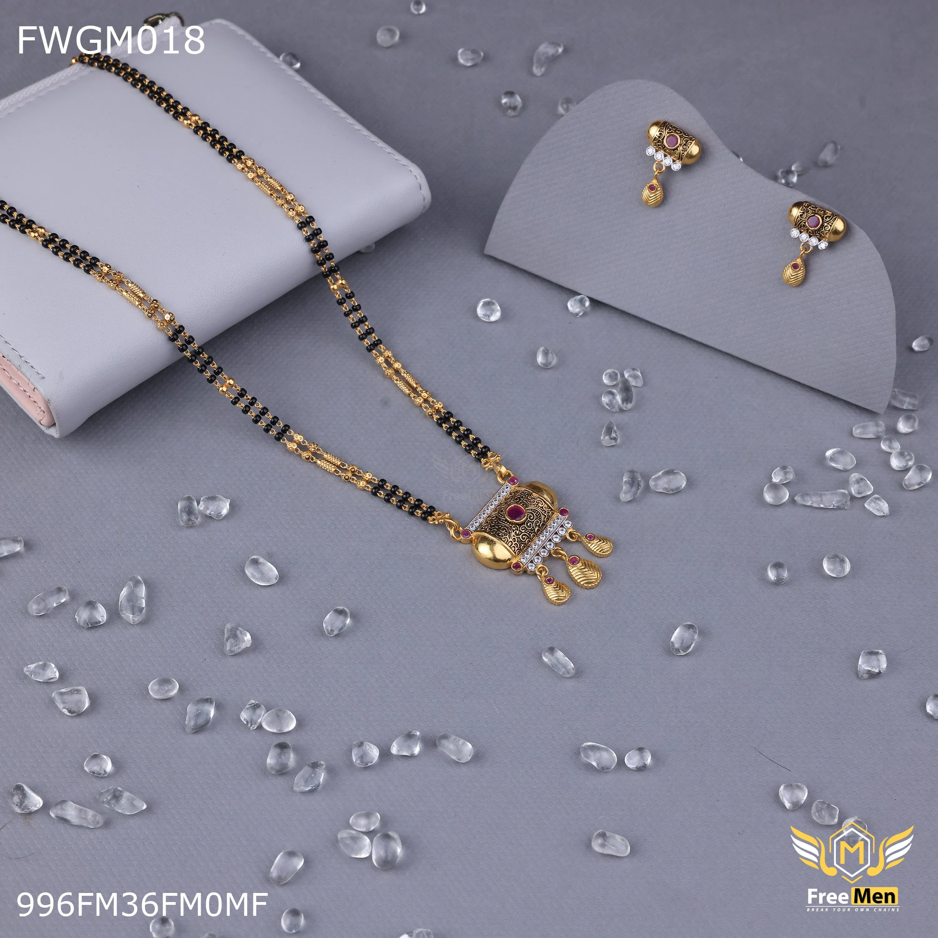Freemen 1GM Damru red stone mangalsutra with earring for women - FWGM018