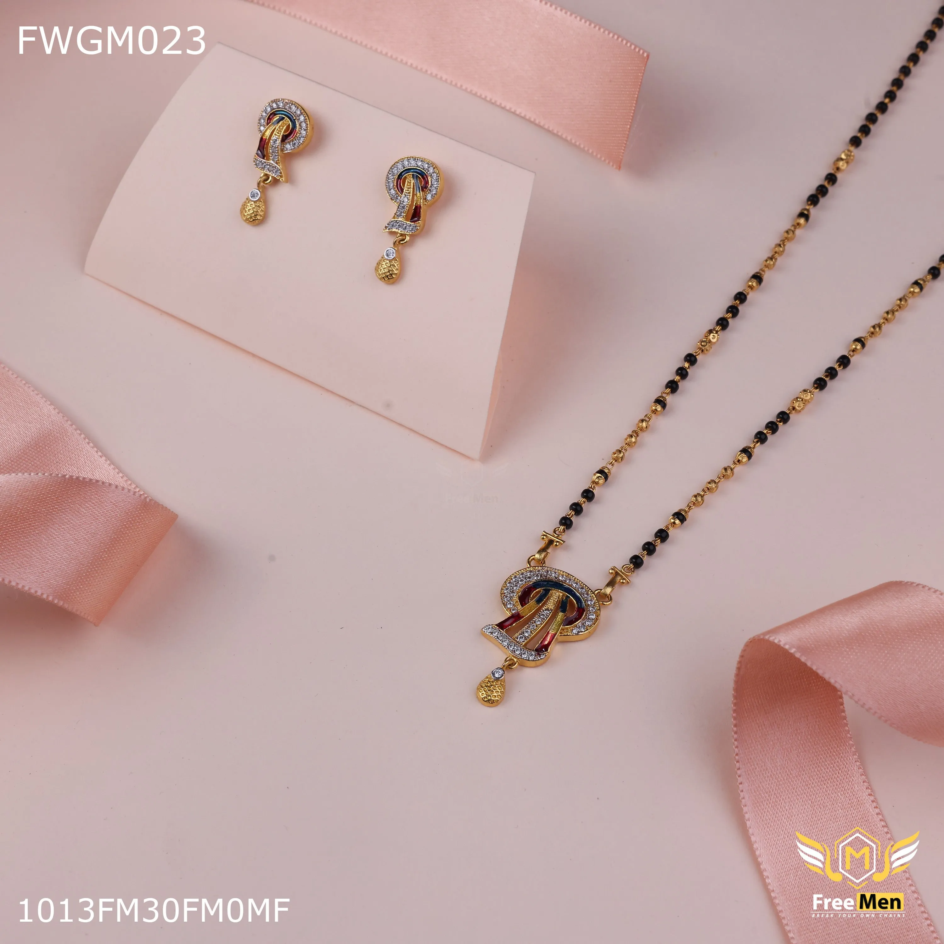 Freemen 1GM One line colour ad pendent mangalsutra With Earring for women - FWGM023