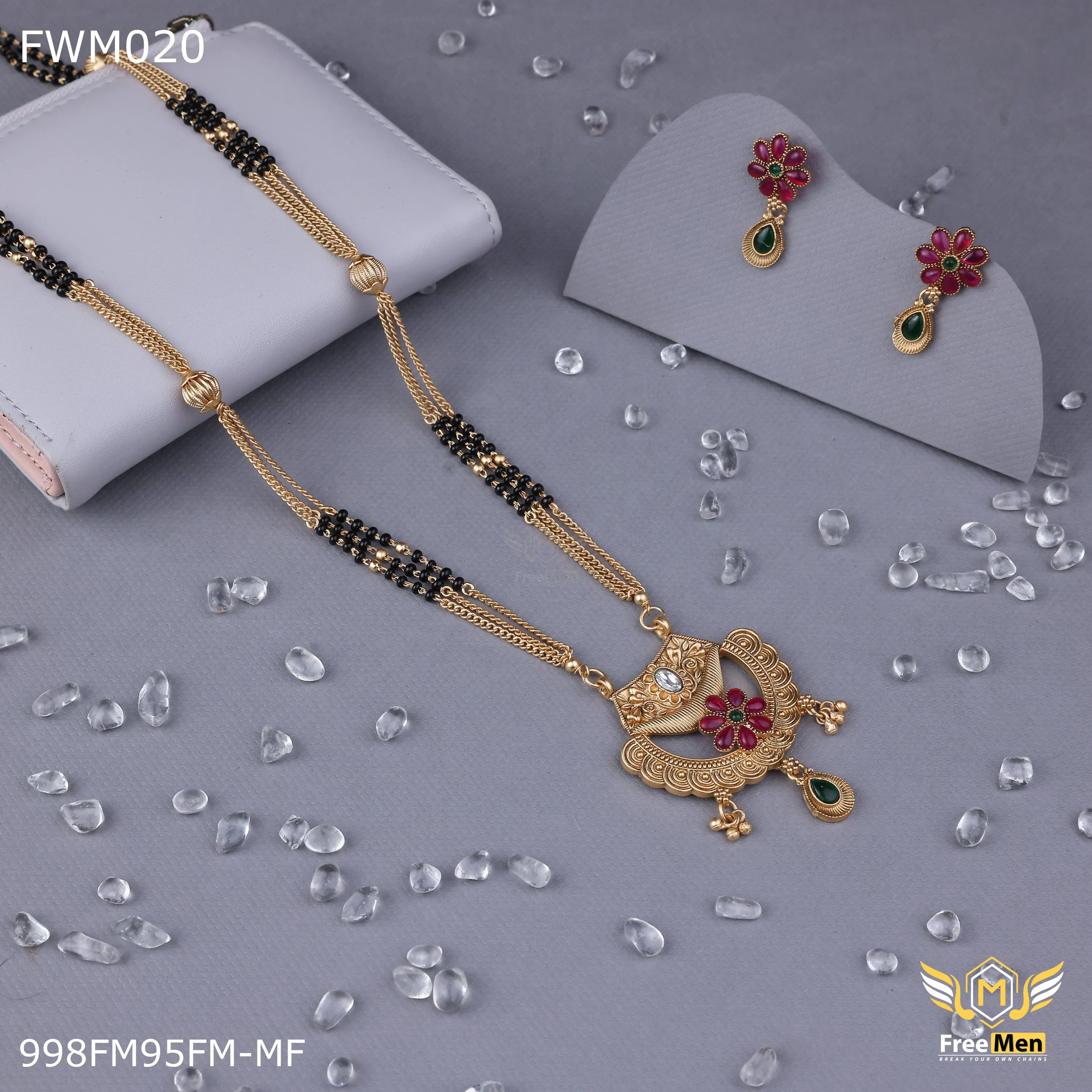 Freemen Antique Three line Mangalsutra With Earring for women - FWM020