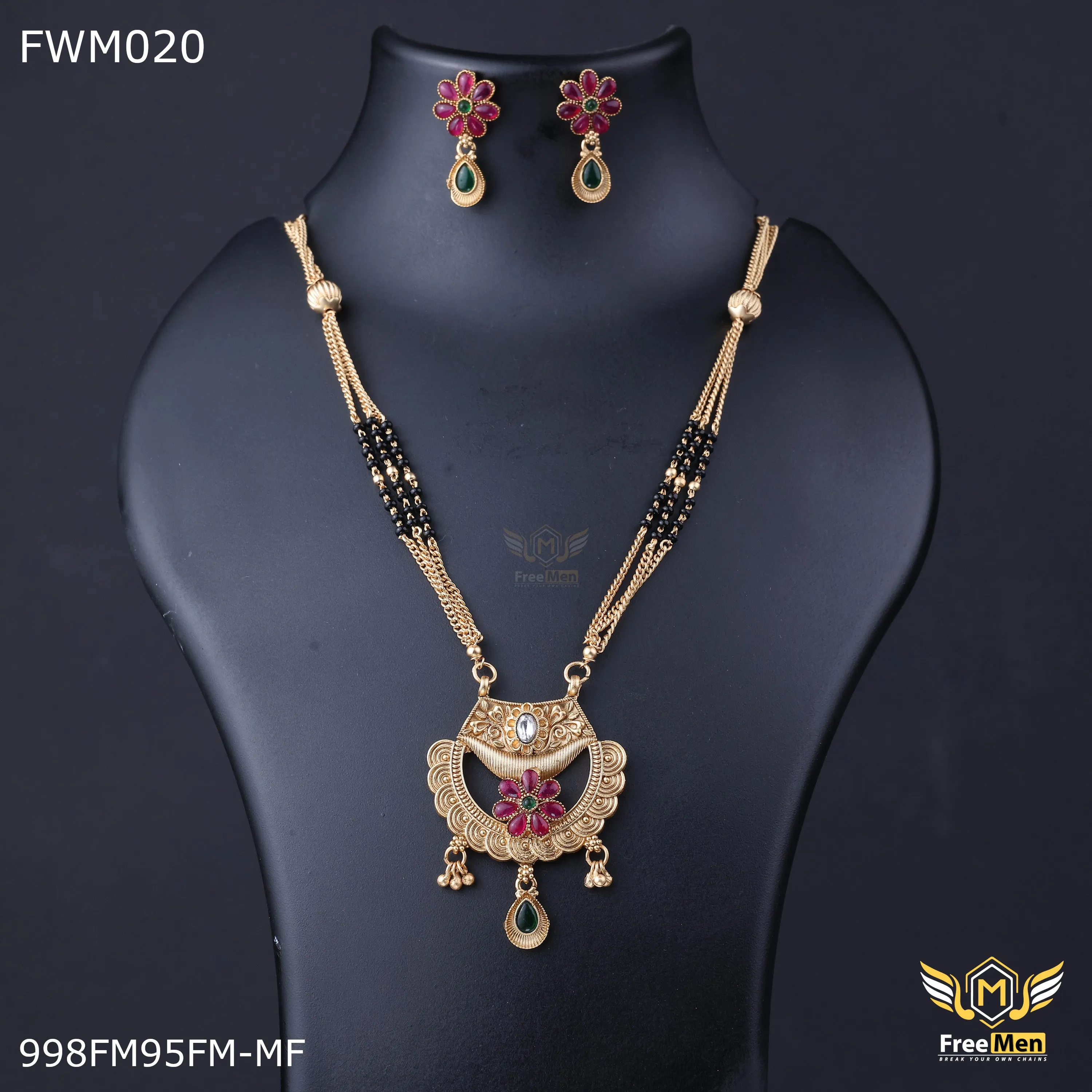 Freemen Antique Three line Mangalsutra With Earring for women - FWM020