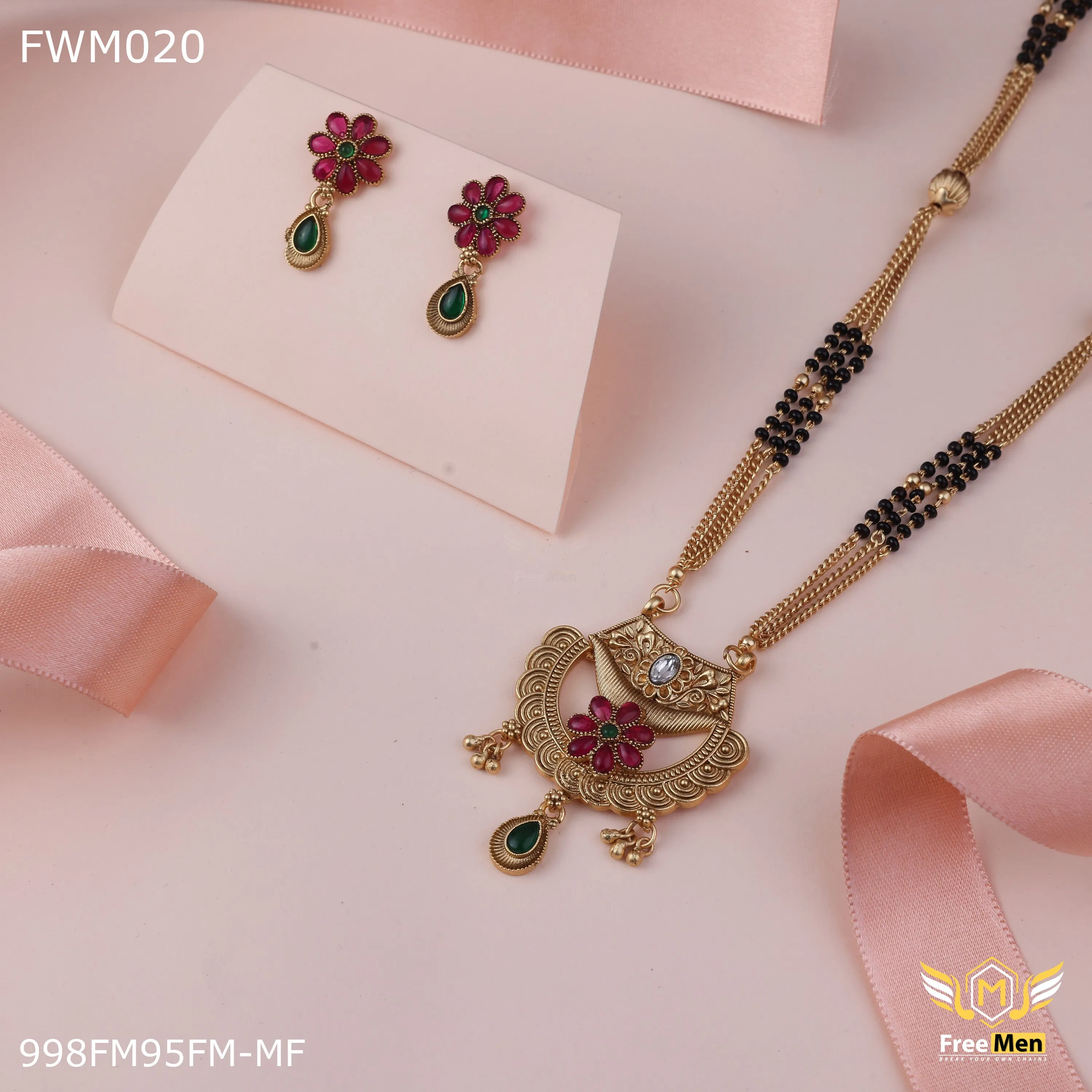 Freemen Antique Three line Mangalsutra With Earring for women - FWM020