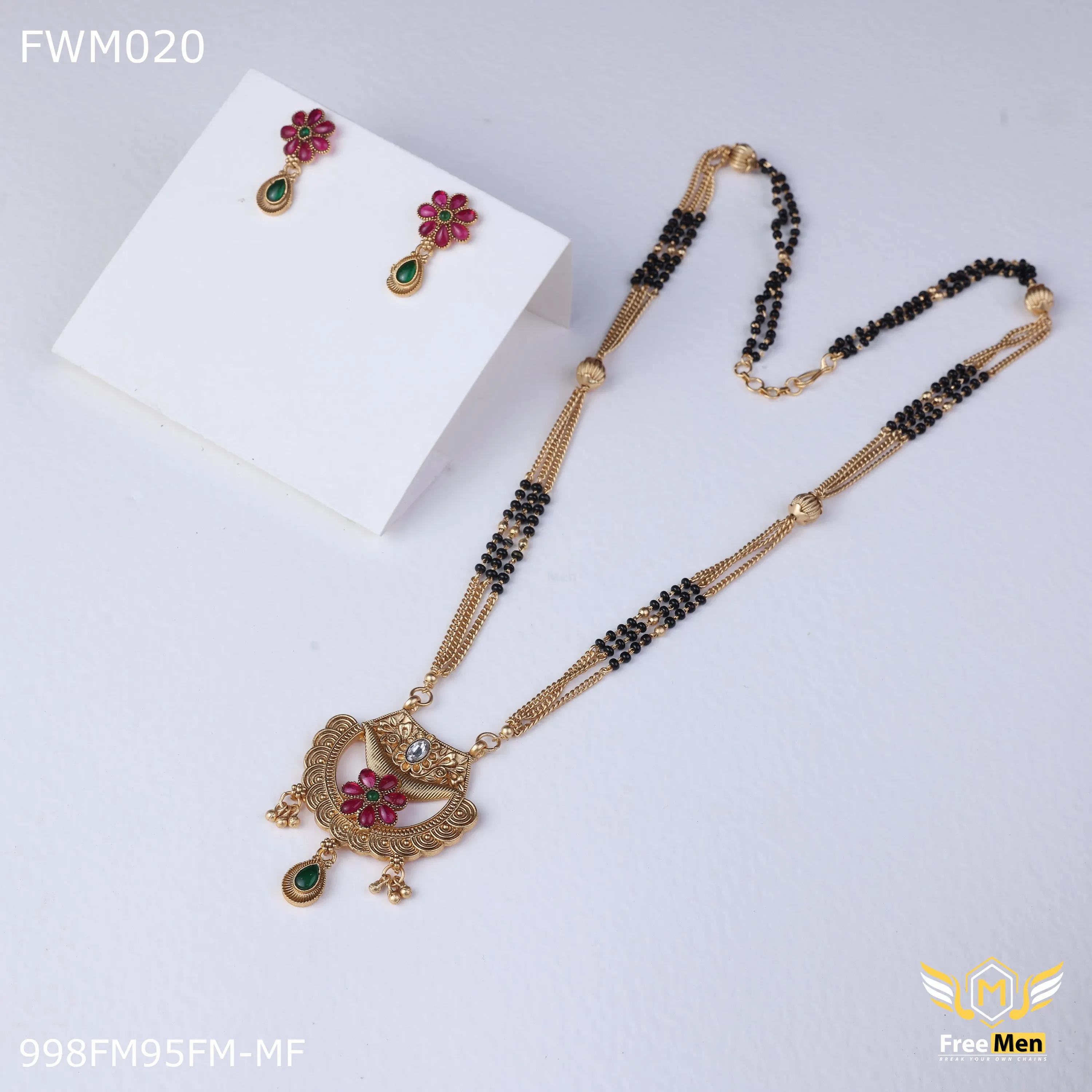 Freemen Antique Three line Mangalsutra With Earring for women - FWM020
