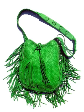 Hand Woven Leather Shoulder Crossbody Bag And Fringe Green