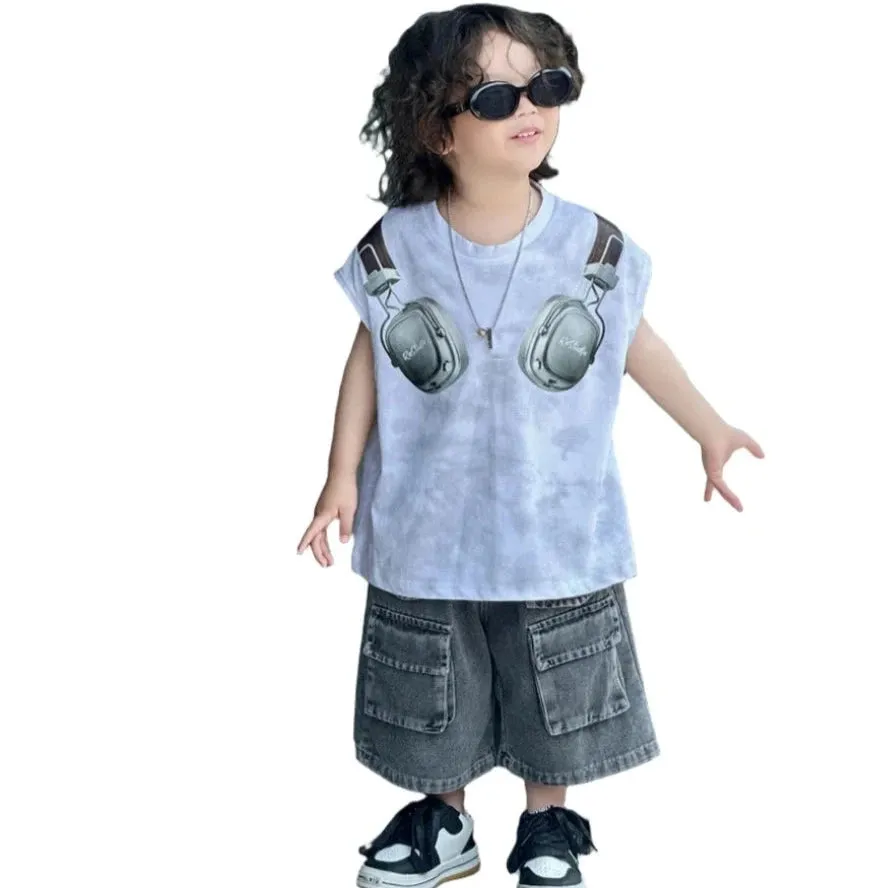 Headphone Top Pocket Denim Short Set