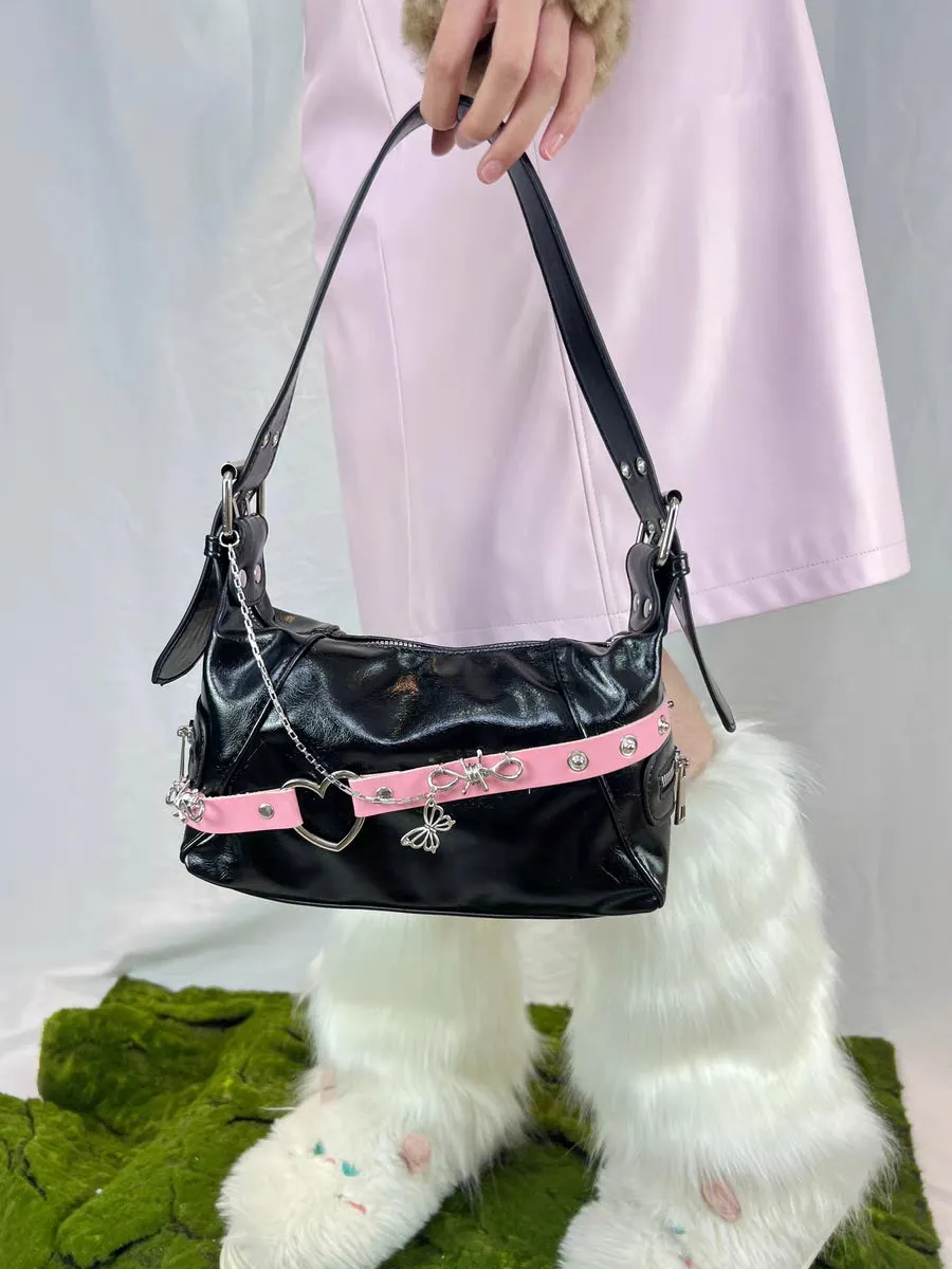 Hot Girl Silver Chain Butterfly Strap Pink Black Leather Messenger Bag
