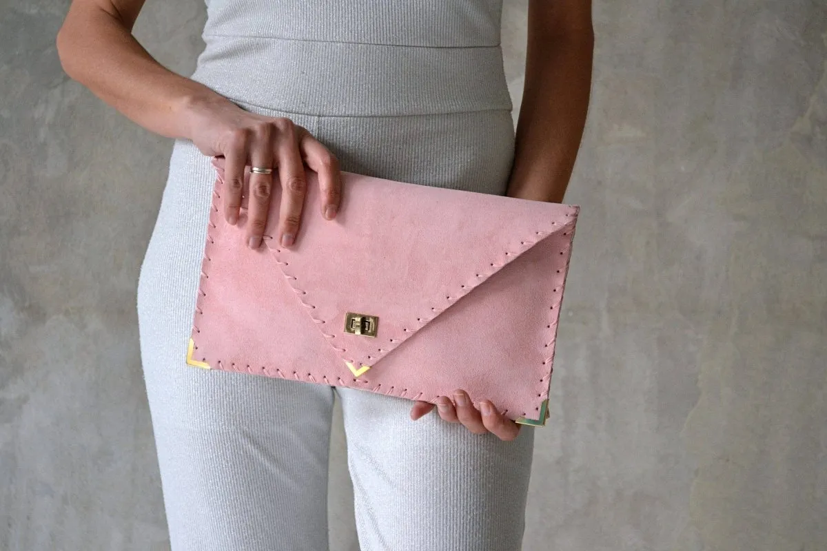 Large Suede clutch in pink: Gold hardware