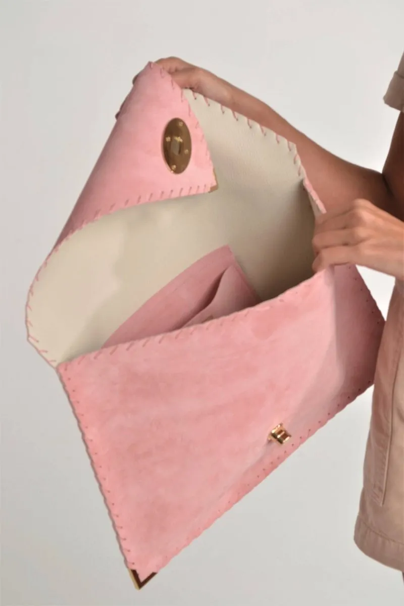 Large Suede clutch in pink: Gold hardware