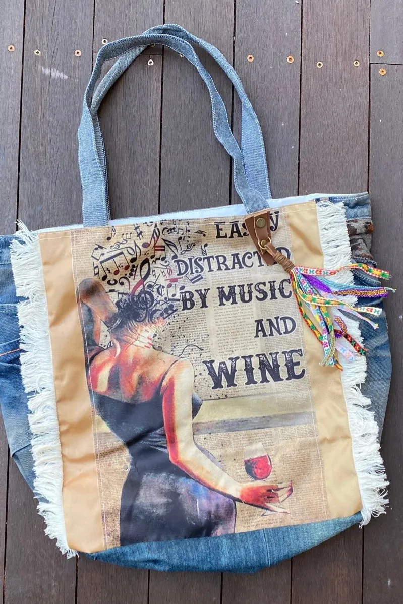 MUSIC   WINE TOTE BAG VINTAGE DENIM