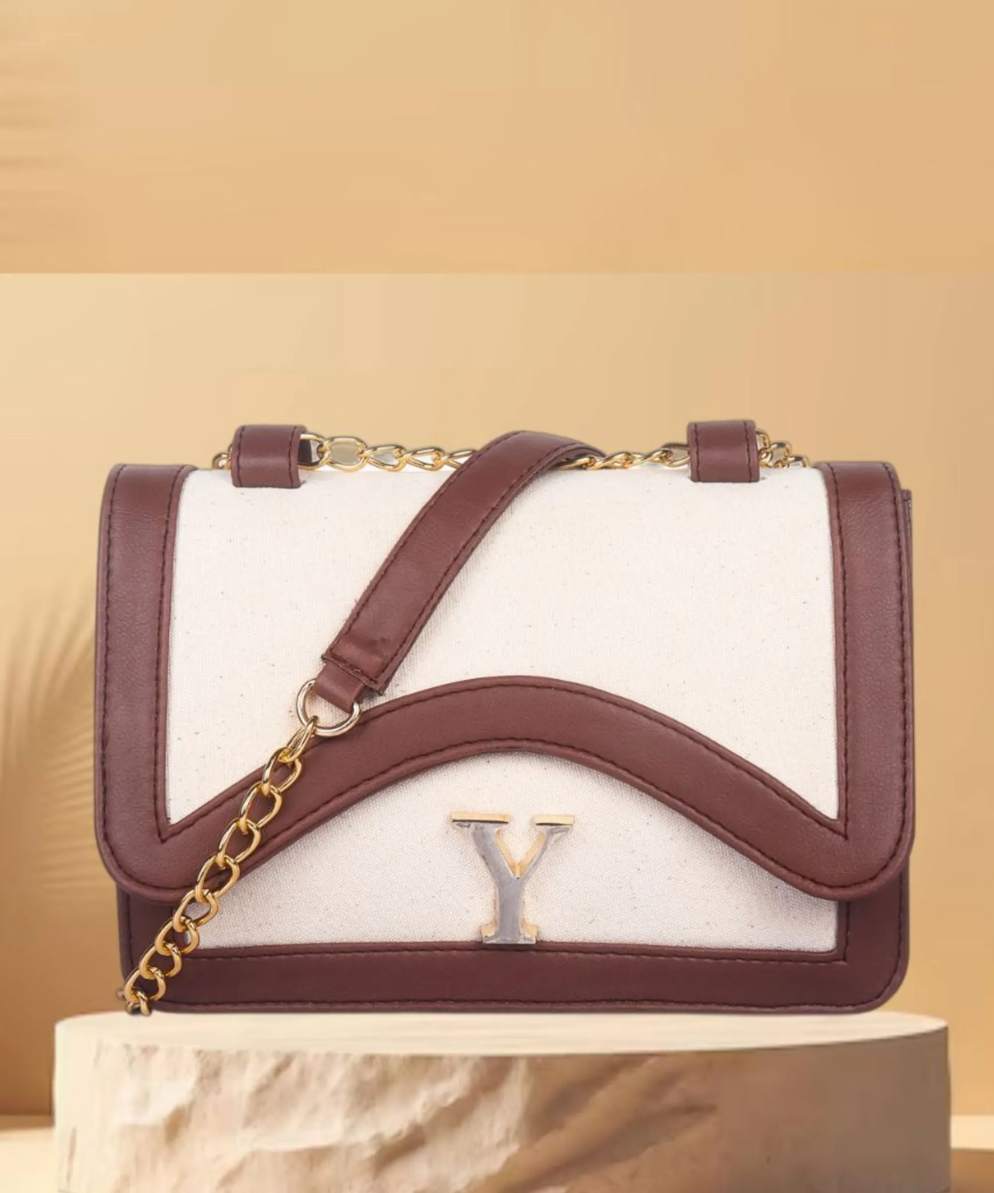 Off White-Tan Canvas Sling Bag For Women
