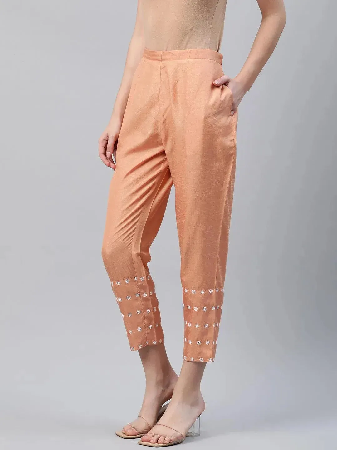 Orange Embroidered Silk Trousers