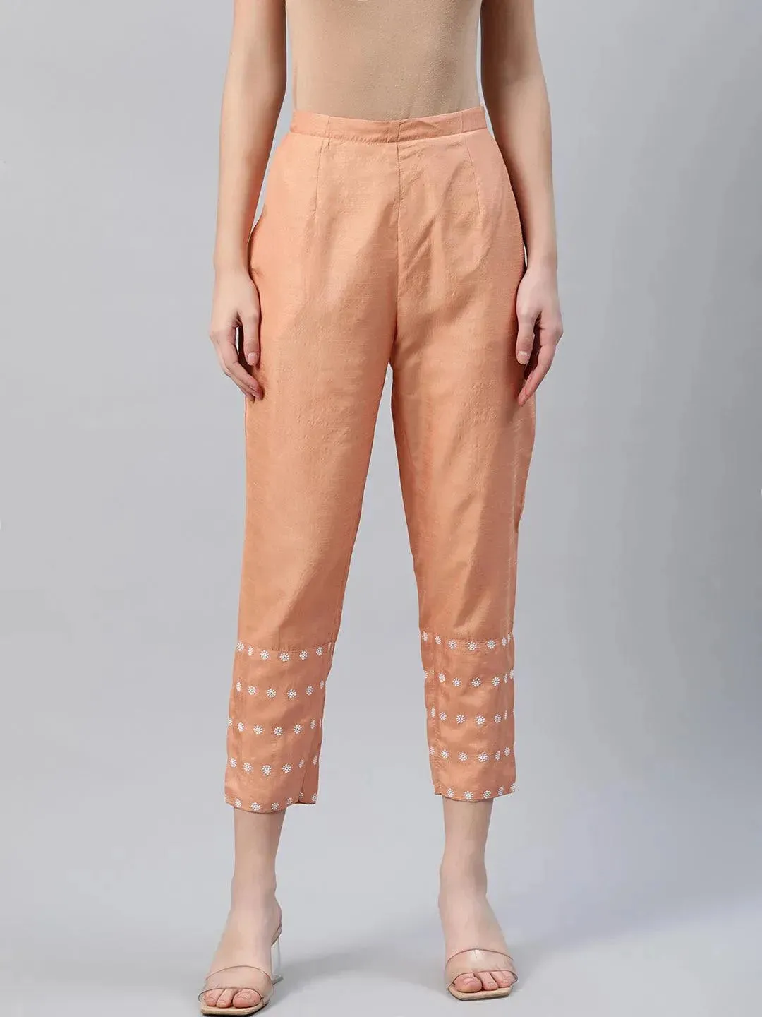 Orange Embroidered Silk Trousers