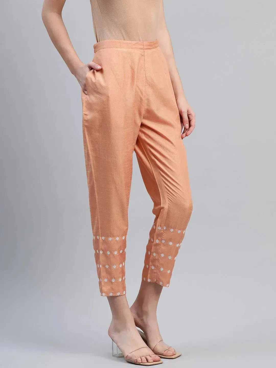 Orange Embroidered Silk Trousers