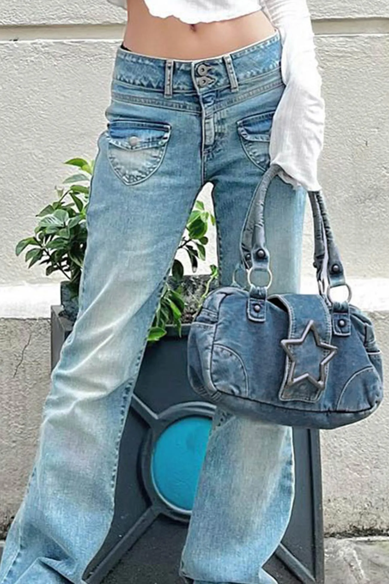 Pentagram Distressed Denim Underarm Bag