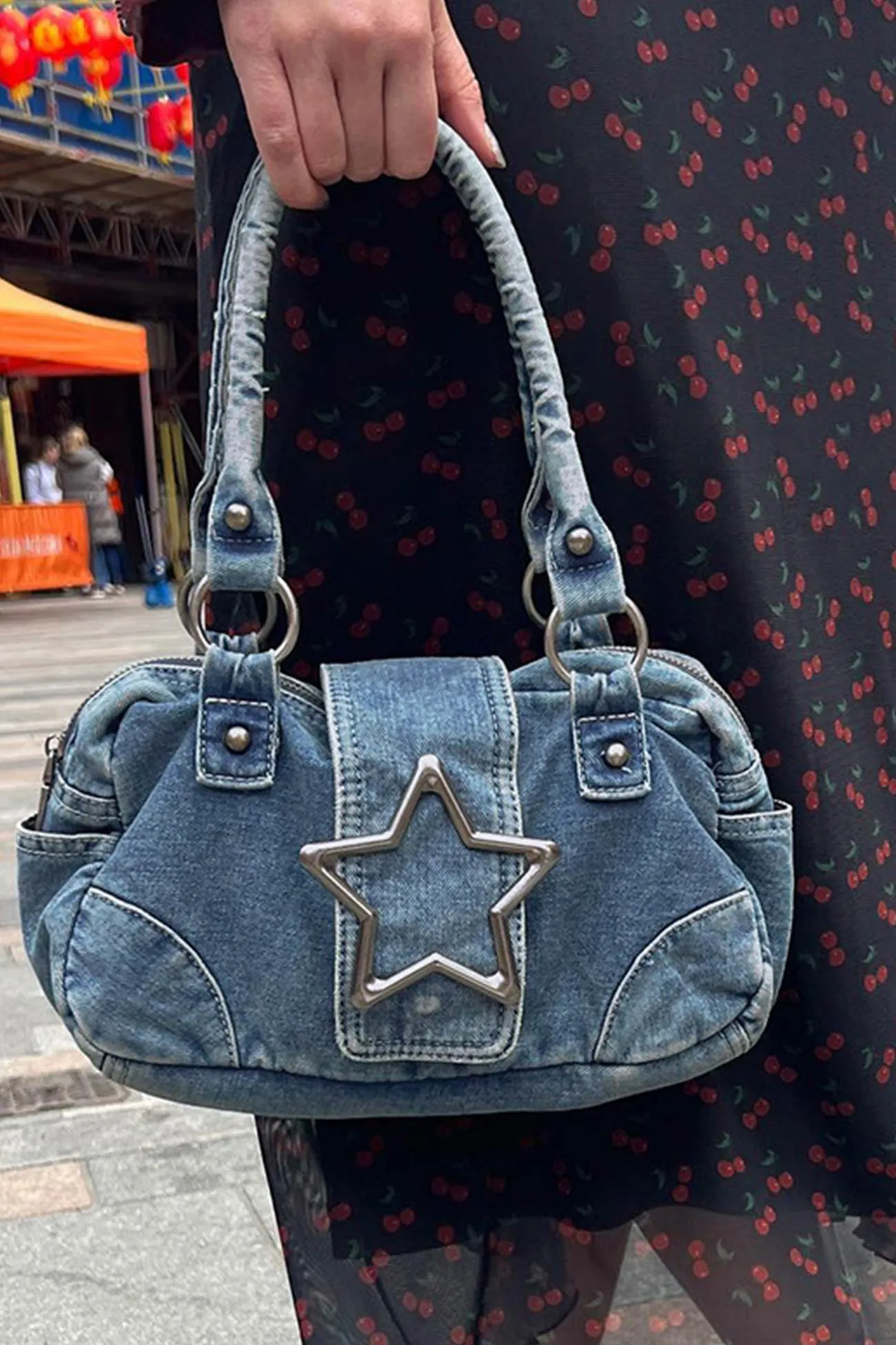 Pentagram Distressed Denim Underarm Bag