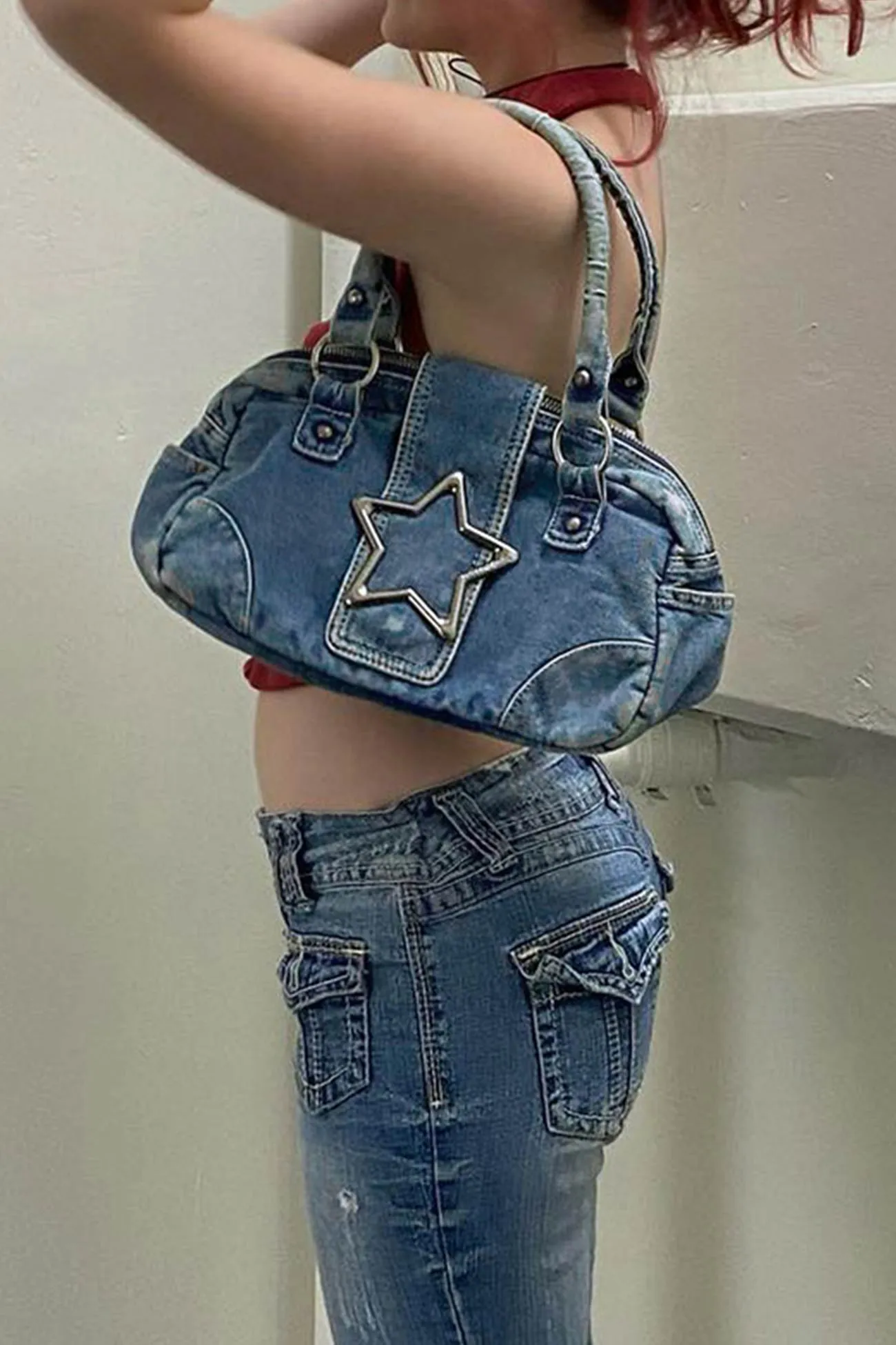 Pentagram Distressed Denim Underarm Bag