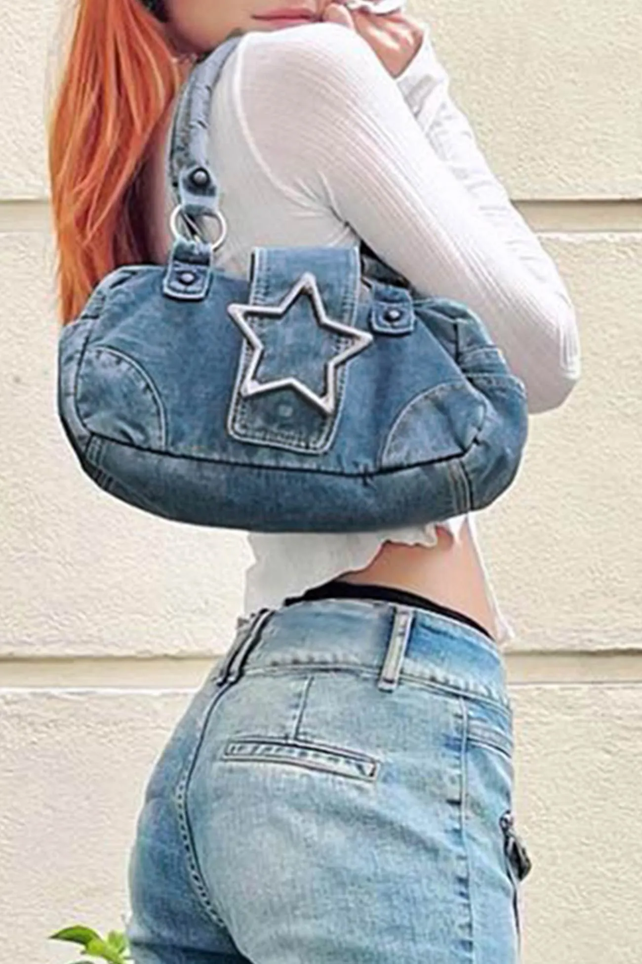 Pentagram Distressed Denim Underarm Bag