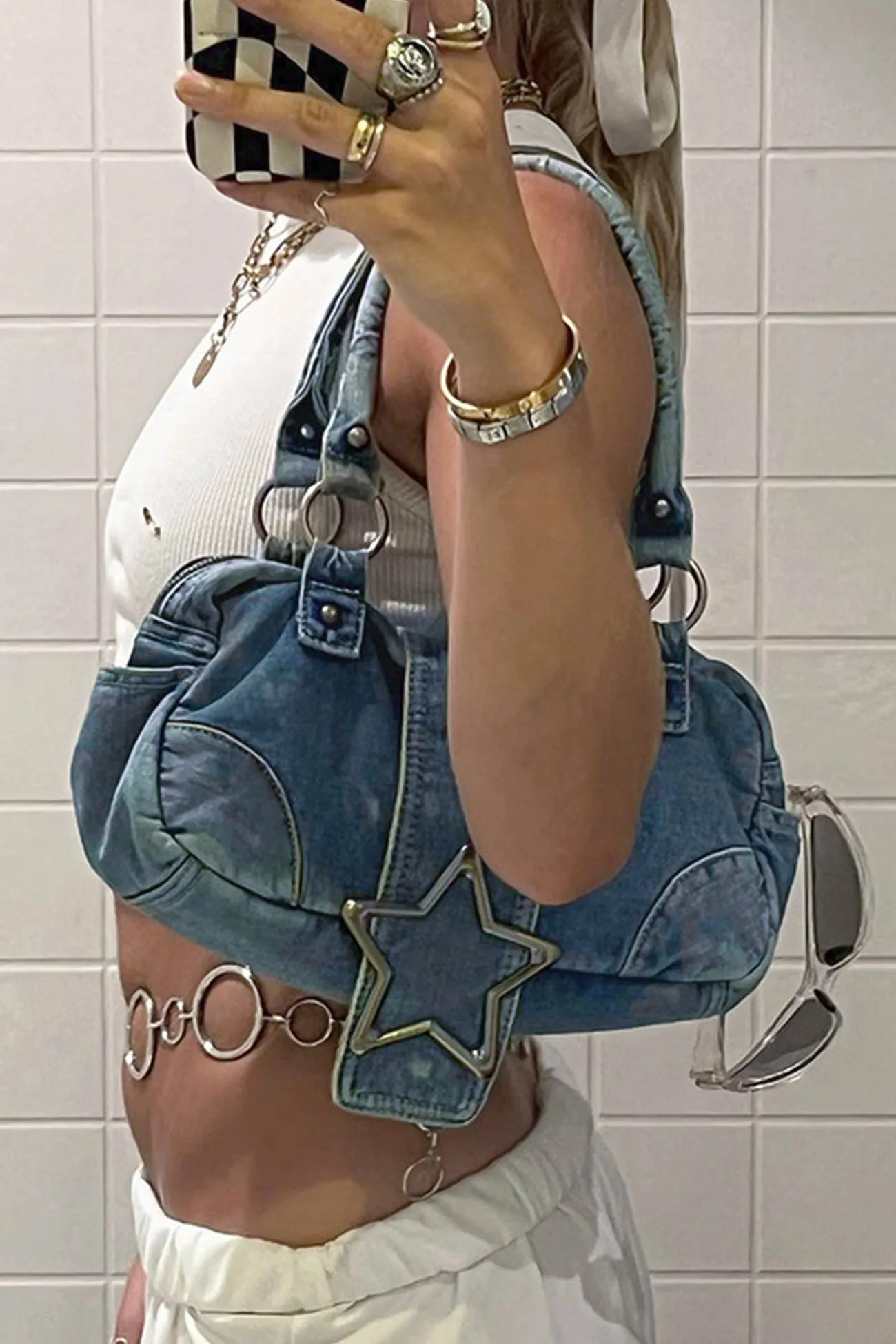 Pentagram Distressed Denim Underarm Bag