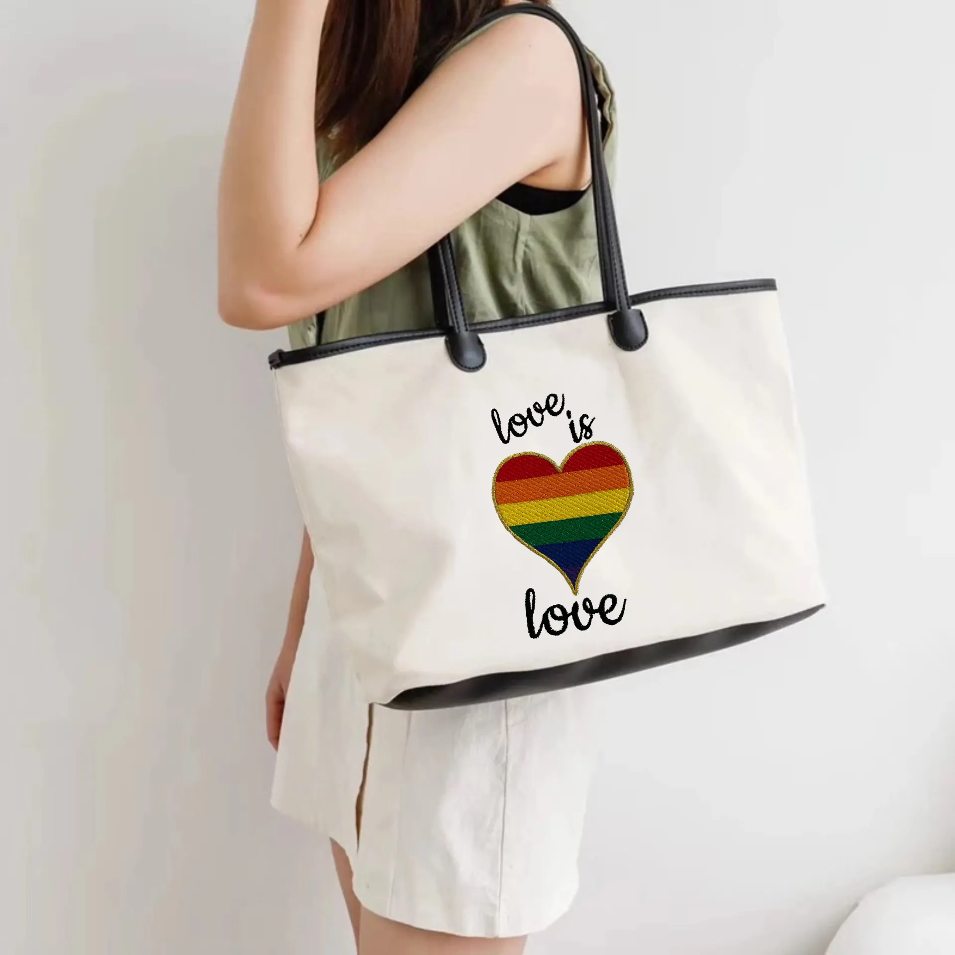 Rainbow Heart Love is Love Pride Embroidered Cotton Canvas Market Bag. Choice of 5 different bags